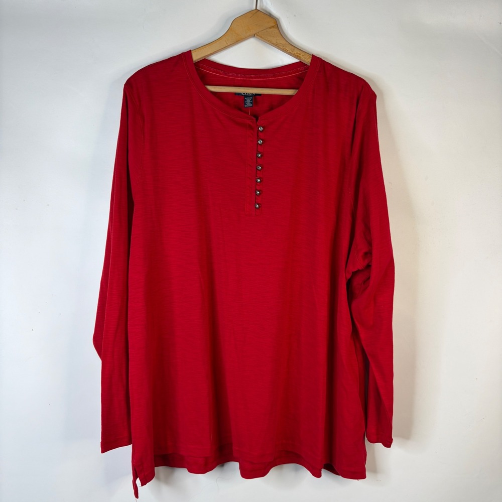 Chaps Henley Shirt Women 3X Red Slub Cotton Long Sleeve Button Front Plus Size